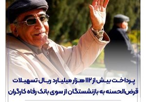 پرداخت بیش از ۱۱۲ هزار میلیارد ریال تسهیلات قرض‌الحسنه به بازنشستگان از سوی بانک رفاه کارگران