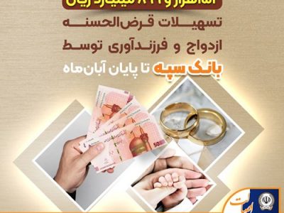 پرداخت ۱۵۱ هزار و ۸۹۹ میلیارد ریال تسهیلات قرض‌الحسنه ازدواج و فرزندآوری توسط بانک سپه تا پایان آبان‌ماه